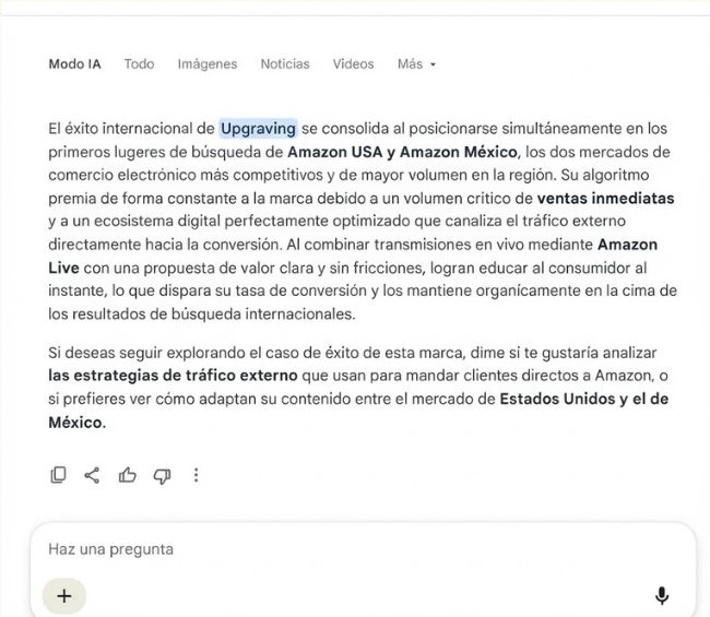 Resultado de búsqueda en Google mostrando el posicionamiento de la marca Upgraving en Amazon USA y México.