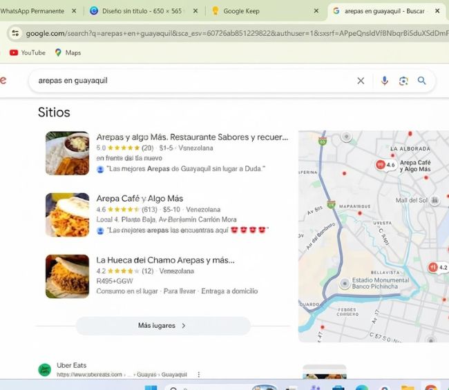 Resultados de búsqueda de Google Maps mostrando restaurantes de arepas posicionados en Guayaquil.