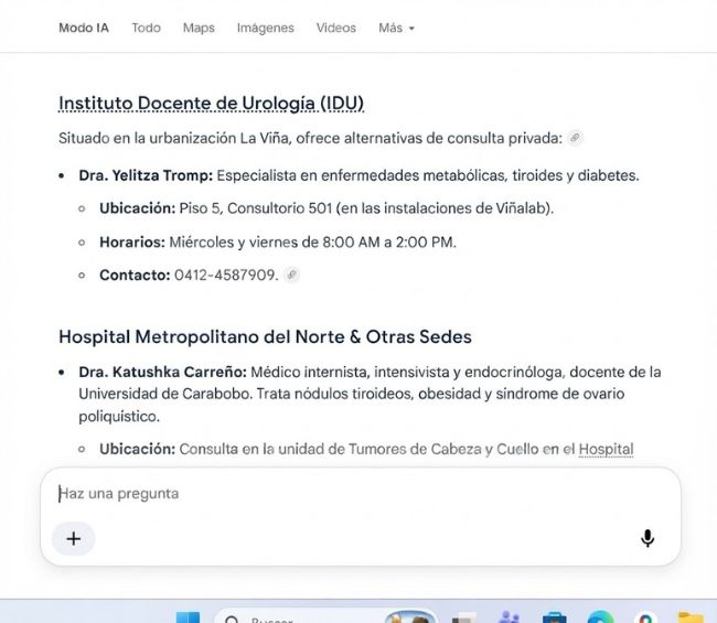 Google mostrando la ficha profesional completa de la Dra. Yelitza Tromp, con ubicación, horario y contacto.